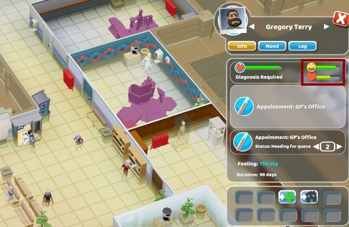 Satisfaction and health bars can be seen by clicking on the patient. - Patients in Two Point Hospital - Mechanics - Two Point Hospital Game Guide