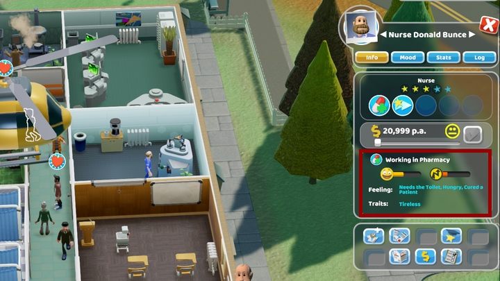 Besides the general overview of both values, the staff window also provides you with detailed descriptions of their feelings and traits. - Medical Staff in Two Point Hospital - Mechanics - Two Point Hospital Game Guide