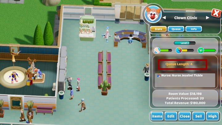 The queues to the clown clinic are long even if you have two rooms of this type. - Mission tips - Two Point Hospital walkthrough - Basics - Two Point Hospital Game Guide