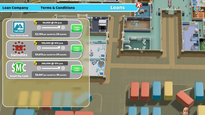 The Loans panel contains all the information about interests and costs of the loan. - Finances in Two Point Hospital? - Mechanics - Two Point Hospital Game Guide