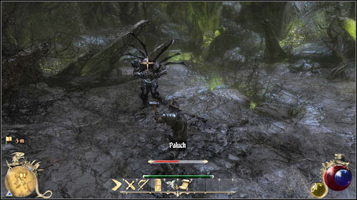 Hal Den will talk to you automatically in your way back from Master Damai in [Video Ergo Sum] - The Trophy, Lost Partner | Quests - The Swallows - Quests - The Swallows - Two Worlds II Game Guide