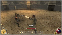 The first enemy isnt demanding - hes a common gladiator armed with an axe and shield - The Paindome | Quests - Hatmandor - Quests - Hatmandor - Two Worlds II Game Guide