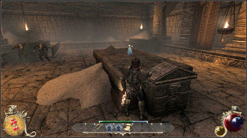 While you pass by two large statues, you will come across yet another lever (M22:4), which will open the further gate - Maliels Tear | Quests - Hatmandor - Quests - Hatmandor - Two Worlds II Game Guide