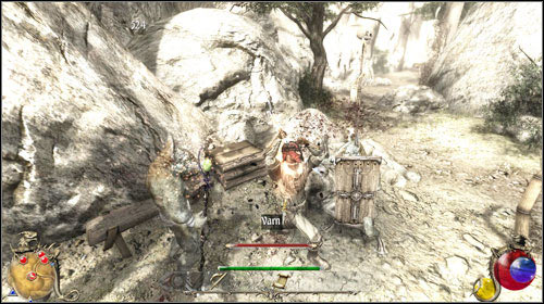 If after teleporting to Bayan you helped Dagwa (shared some sausage with her), then after returning from the gate (talking with Odval (M3:1), accepting [Desertgate]) you can talk with her again - Smugglers passage, Scribes Inkwell | Quests - Bayan - Quests - Bayan - Two Worlds II Game Guide