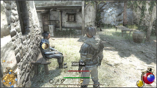 During completing [Desertgate], after talking with Odval the guard (M3:1), when only you return to the village you will meet Smart Mat sitting on a bench - Missing spades, Forged pass | Quests - Bayan - Quests - Bayan - Two Worlds II Game Guide