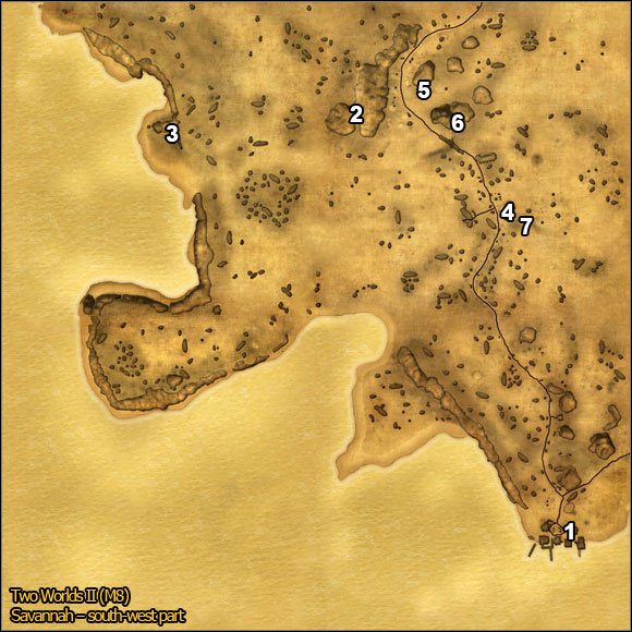1 - Savannah - south-west part | Quests Maps - Maps - Two Worlds II Game Guide