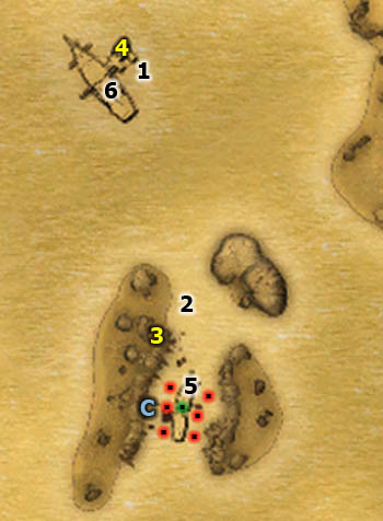 When you've acquired the boat during the previous quest, get in (it's in [1]) and sail to the vicinity of [2] - [03-S] Silk Gown - Walkthrough - Two Worlds II: Pirates of The Flying Fortress - Game Guide and Walkthrough