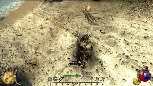 Get there by boat or by swimming (afterwards, you'll be using teleports anyway) and examine the traces in [8] and [9] - [05-S] The Mysterious Case of a Lost Chest - Walkthrough - Two Worlds II: Pirates of The Flying Fortress - Game Guide and Walkthrough