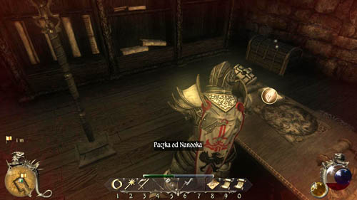 First of all, pick up A Package from Nanook and open it in your inventory - [11-M] The Study - Walkthrough - Two Worlds II: Pirates of The Flying Fortress - Game Guide and Walkthrough