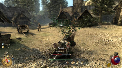 In the village you'll have to defeat the last large group of enemies in this area: four Gobblers and four Olorums (including, a warrior, archer and two wizards - one of them summons Wraths and Tatrasses) - [18-S] Casqet of Embers - Walkthrough - Two Worlds II: Pirates of The Flying Fortress - Game Guide and Walkthrough