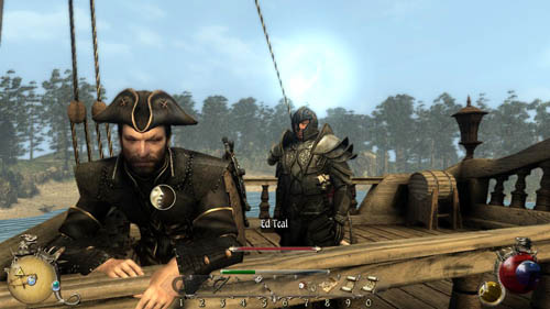 Get at the stern using the stairs and find Captain Teal who's looking at the sea - [25-M] A Scrap of His Mortal Form - Walkthrough - Two Worlds II: Pirates of The Flying Fortress - Game Guide and Walkthrough