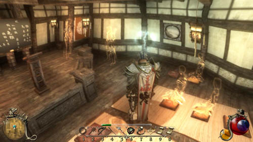 At this point it's good to search the lecture hall and a room at the end of the corridor leading to it in order to find two paintings connected with the quest [47-S] Pieces of Art - [46-M] Subconsciousness: Worldviews in Conflict - Walkthrough - Two Worlds II: Pirates of The Flying Fortress - Game Guide and Walkthrough