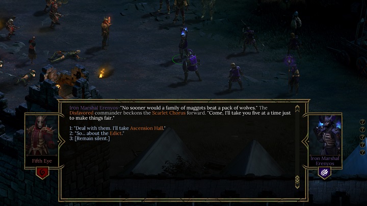 You always carry on the conversation from the perspective of the character youve created at the beginning of the game, but often enough other party members will join the conversation in reaction to the dialogue options you select - Dialogues - Important information - Tyranny Game Guide