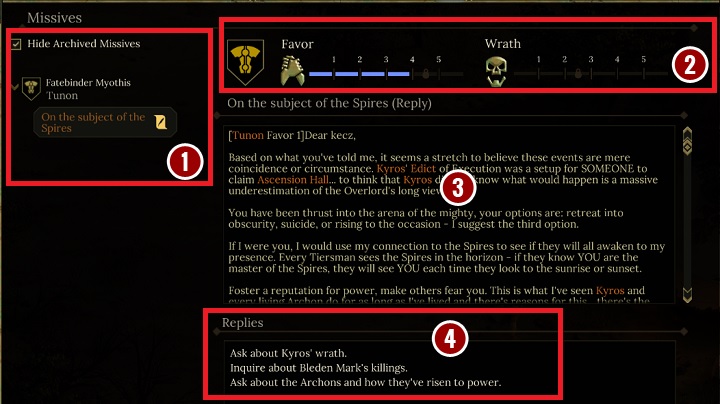 This panel allows you to read letters and send your own messages - The Interface - The Basics - Tyranny Game Guide
