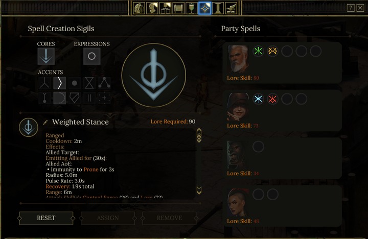 When you select the core and the expression, the created spells description will appear and present the details - Creating Spells (Sigils) - Important information - Tyranny Game Guide
