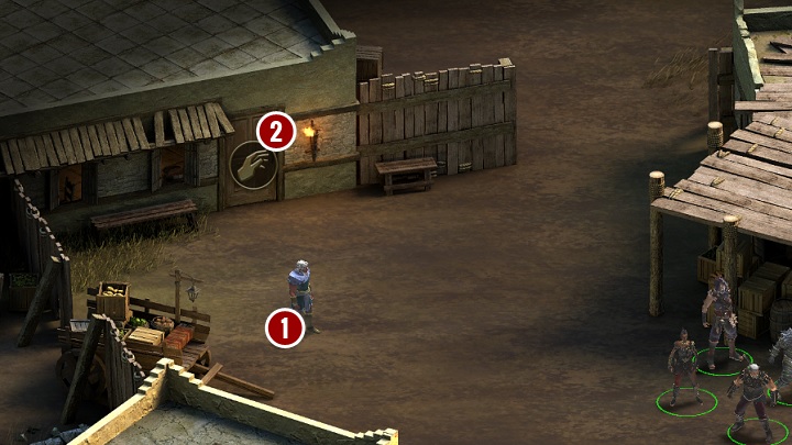 Regardless of the decision you make during the Battle of the Echocall Crossing quest, you will notice a villager standing near the courtyard [1], and an interaction icon will appear on the door [2] - Forge-Bound Iron - side quest | The Disfavored Camp - The Disfavored Camp - Tyranny Game Guide