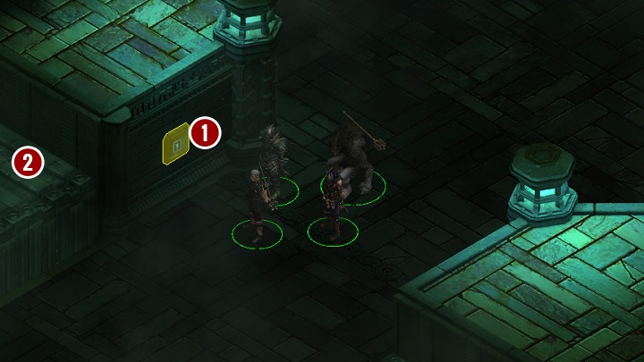 Having placed the Humming Keystone in the dedicated slot, the button[1] that is visible in the picture will become active-it activates the stairs[2] to the upper floor of the location - A Breach Between Worlds - main quest | Blade Grave - Blade Grave - Tyranny Game Guide