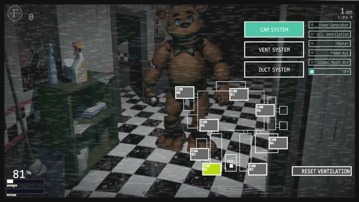 Freddy as being visible on video cam no. 1. - Monitor interface in Ultimate Custom Night - Game Mechanics - Ultimate Custom Night Game Guide