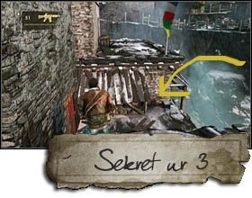 The third treasure can be found shortly after you descend from a narrow rocky ledge, which is located above the chasm (a tank will appear above, partially protruding over a cliff) - Uncharted 2: Chapter 20 Cat and Mouse treasures, secrets - Treasures - Uncharted 2 Guide