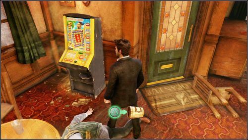 After leaving the bathroom, we search the room to find the first treasure lying on the machine [1] - Uncharted 3: Chapter 1 - Prologue walkthrough - Walkthrough - Uncharted 3 Drakes Deception Guide