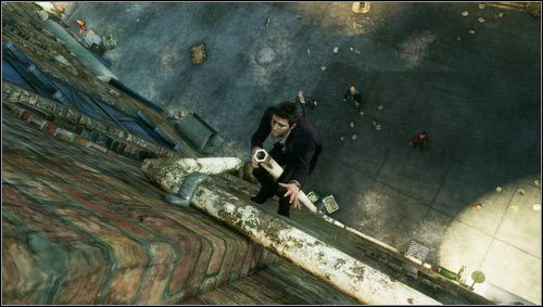 As soon as the rusted gutter breaks away from the wall [1], we jump higher and go further to the left - Uncharted 3: Chapter 4 - Run to Ground walkthrough - Walkthrough - Uncharted 3 Drakes Deception Guide