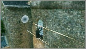 We climb on a spare gutter attached to the roof, go through the corner of the building [1] and descend to the roof located below - Uncharted 3: Chapter 4 - Run to Ground walkthrough - Walkthrough - Uncharted 3 Drakes Deception Guide