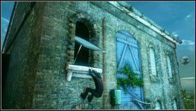 Moving along the lower one, we leave the wall of the building [1] and jump forward to the lamp - Uncharted 3: Chapter 4 - Run to Ground walkthrough - Walkthrough - Uncharted 3 Drakes Deception Guide