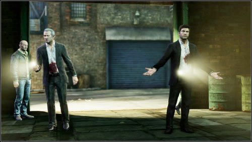 Approach the garage door and let the rest of your companions inside [1] to solve the riddle of the disappeared car - Uncharted 3: Chapter 4 - Run to Ground walkthrough - Walkthrough - Uncharted 3 Drakes Deception Guide