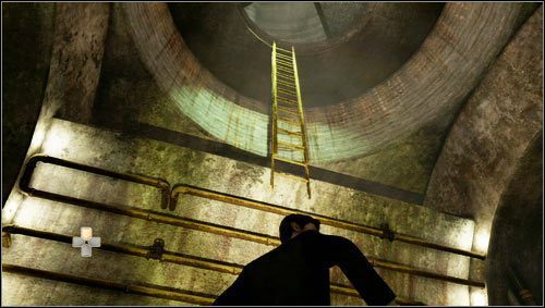 After entering the next room, we look up to locate the ladder [1] that we can reach by climbing up the pipes along the wall - Uncharted 3: Chapter 4 - Run to Ground walkthrough - Walkthrough - Uncharted 3 Drakes Deception Guide