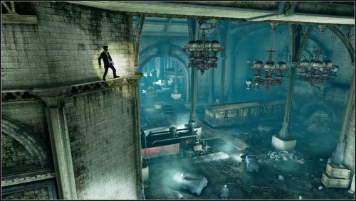 Afterwards, we jump to the wall, pull ourselves up and, while sticking to the wall, we get to the hanging chandeliers [1] - Uncharted 3: Chapter 5 - London Underground walkthrough - Walkthrough - Uncharted 3 Drakes Deception Guide