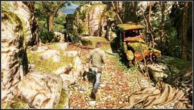 We carefully walk through the fallen tree to cross the chasm [1] and head towards the old car [2] - Uncharted 3: Chapter 6 - The Chateau part 1 walkthrough - Walkthrough - Uncharted 3 Drakes Deception Guide