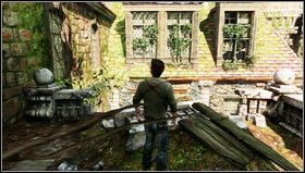 In order to do this, we locate a gutter between the doors and the tower [1] and climb it up - Uncharted 3: Chapter 6 - The Chateau part 1 walkthrough - Walkthrough - Uncharted 3 Drakes Deception Guide