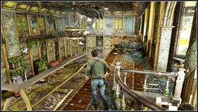 Together with Sullivan, we raise the wooden sideboard and jump on it [1] to get to the spiral stairs - Uncharted 3: Chapter 6 - The Chateau part 1 walkthrough - Walkthrough - Uncharted 3 Drakes Deception Guide