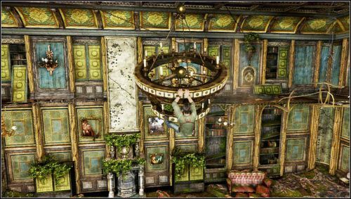 We go to the right and, using the hanging chandelier [1], we jump to the other side of the room - Uncharted 3: Chapter 6 - The Chateau part 1 walkthrough - Walkthrough - Uncharted 3 Drakes Deception Guide