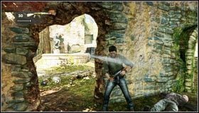 Before we get out of the well, we take out the first thug and pick up the rifle he left [1] - Uncharted 3: Chapter 6 - The Chateau part 2 walkthrough - Walkthrough - Uncharted 3 Drakes Deception Guide
