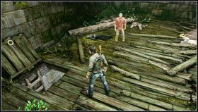 We go down the stairs and jump down to the ground to find an old corpse [1] - Uncharted 3: Chapter 6 - The Chateau part 2 walkthrough - Walkthrough - Uncharted 3 Drakes Deception Guide