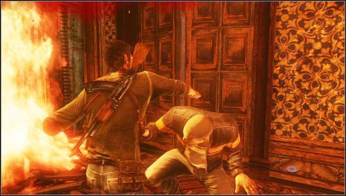 We break down the door together with our companion and start the encounter with the muscle head [1] - Uncharted 3: Chapter 7 - Stay in the Light walkthrough - Walkthrough - Uncharted 3 Drakes Deception Guide
