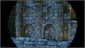 We look at it through the telescope [1] and then we look up (still through the telescope) to see that the columns are decorated with symbols [2] - Uncharted 3: Chapter 8 - The Citadel part 2 walkthrough - Walkthrough - Uncharted 3 Drakes Deception Guide