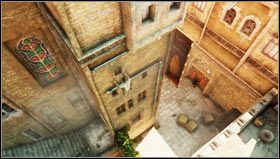 Once the cut-scene is over, we follow Talbot by jumping on the wall of the nearby building [1] and moving to the right side - Uncharted 3: Chapter 10 - Historical Research walkthrough - Walkthrough - Uncharted 3 Drakes Deception Guide