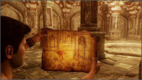 We stand on it and, holding the map in our hands (or to be more precise the drawing on the back of the map), we look around the room, trying to locate the three pillars drawn from the place where we stand [1] - Uncharted 3: Chapter 11 - As Above, So Below part 1 walkthrough - Walkthrough - Uncharted 3 Drakes Deception Guide