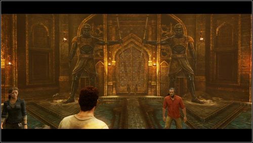 After passing through a long corridor, we enter a room with two statues that guard the middle door [1] - Uncharted 3: Chapter 11 - As Above, So Below part 1 walkthrough - Walkthrough - Uncharted 3 Drakes Deception Guide