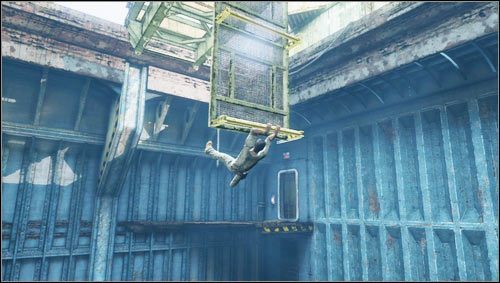 Climbing left all the time, we get on top of the yellow rungs and head upwards to jump onto a hanging platform - Uncharted 3: Chapter 12 - Abducted part 1 walkthrough - Walkthrough - Uncharted 3 Drakes Deception Guide