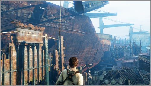 We pass through a narrow corridor and open the metal doors to find ourselves outside, in the ship graveyard [1] - Uncharted 3: Chapter 12 - Abducted part 1 walkthrough - Walkthrough - Uncharted 3 Drakes Deception Guide