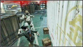 The first bigger (sea) wave will cause containers to fall onto the deck and form solid covers [1] - Uncharted 3: Chapter 14 - Cruisin for a Bruisin walkthrough - Walkthrough - Uncharted 3 Drakes Deception Guide