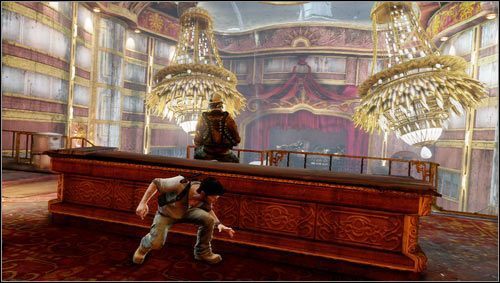 We go through the pool to the end of the deck and through the rotating doors to end up in a large room with a stage and numerous enemies [1] - Uncharted 3: Chapter 14 - Cruisin for a Bruisin walkthrough - Walkthrough - Uncharted 3 Drakes Deception Guide