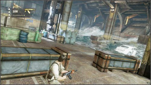 Careless handling of explosives will cause the ship to start gaining water [1] - Uncharted 3: Chapter 15 - Sink or Swim walkthrough - Walkthrough - Uncharted 3 Drakes Deception Guide