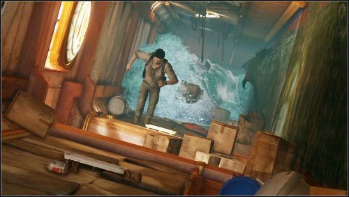 As we walk along the corridor, we will see the wall behind us crack - Uncharted 3: Chapter 15 - Sink or Swim walkthrough - Walkthrough - Uncharted 3 Drakes Deception Guide