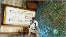 Once inside, we run to the sofa, climb on top of it and jump onto the door [1] to get to the room above - Uncharted 3: Chapter 15 - Sink or Swim walkthrough - Walkthrough - Uncharted 3 Drakes Deception Guide