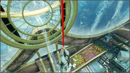 We go down to the chandeliers hoop and jump onto the red line - Uncharted 3: Chapter 15 - Sink or Swim walkthrough - Walkthrough - Uncharted 3 Drakes Deception Guide