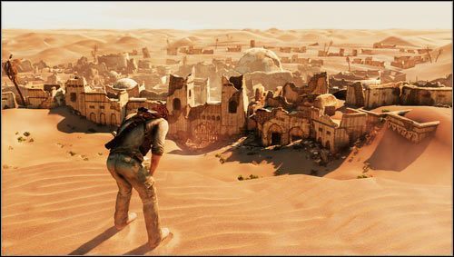 Due to lack of other options go down to search the abandoned city [1] - Uncharted 3: Chapter 19 - The Settlement walkthrough - Walkthrough - Uncharted 3 Drakes Deception Guide